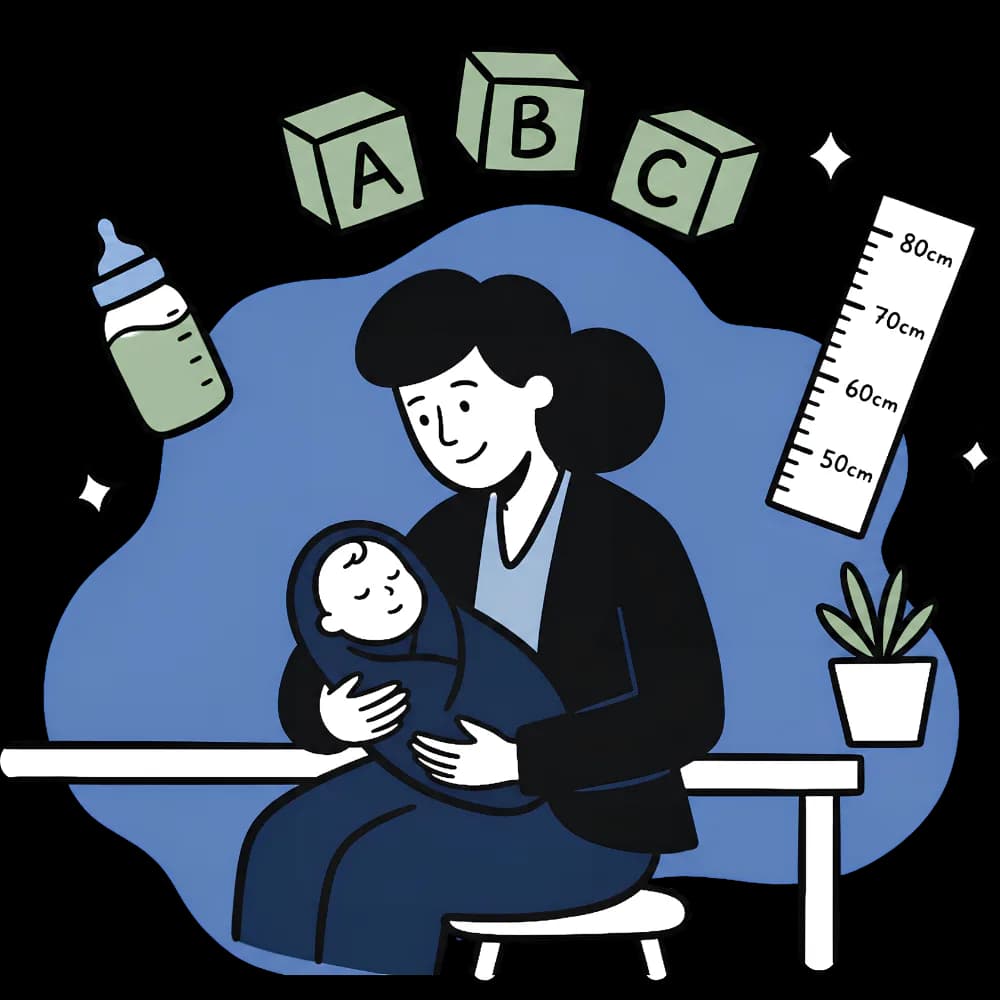 Ilustrasi garis seorang ibu memangku bayinya, dikelilingi simbol gizi dan pengukuran.